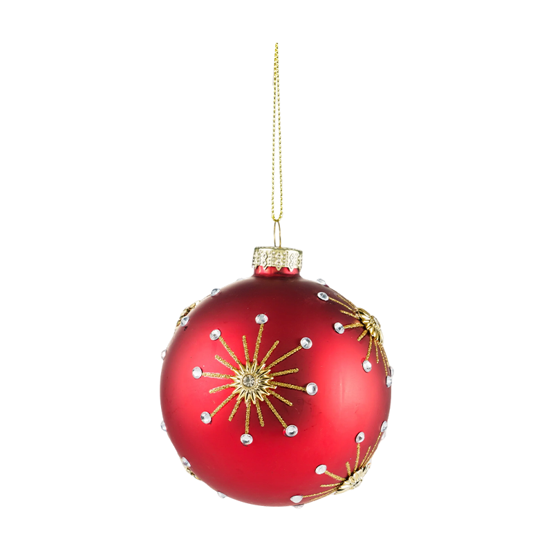 8cm レッドマットクリスマスガラスボール安物の宝石、ゴールドグリッター渦巻き