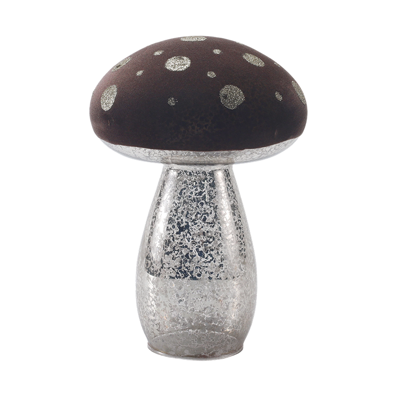手作りのブラウン曇りガラス/ベルベットトップのキノコの飾り、シルバーグリッタースポット、LED装飾付き
