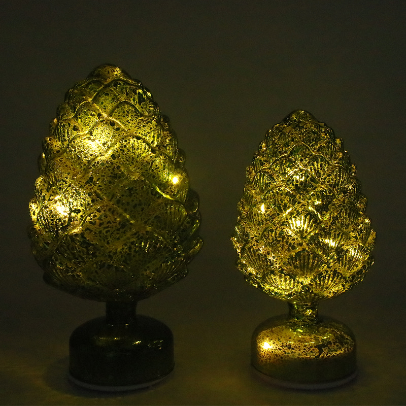 15×28 cm & 11×22 cm 松ぼっくりクリスマス回転ガラス LED 卓上装飾