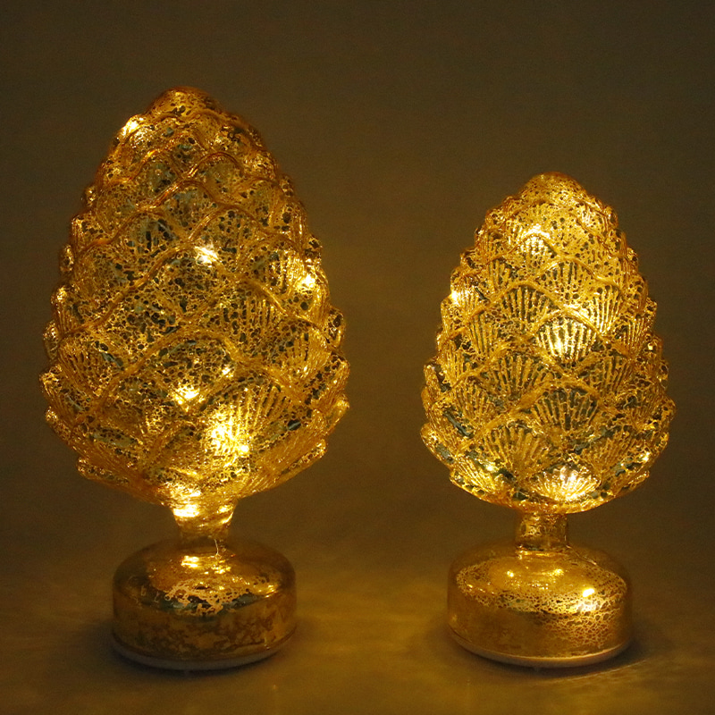 15×28 cm & 11×22 cm 松ぼっくりクリスマス回転ガラス LED 卓上装飾